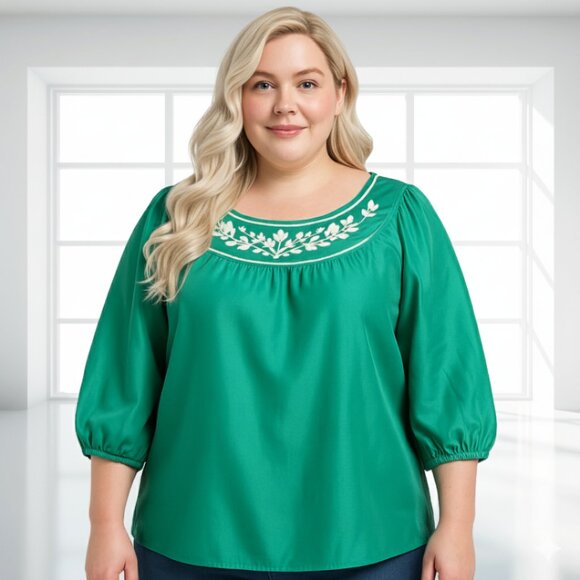 Lane Bryant Green Embroidered Peasant Blouse Button Balloon Sleeve 14/16 - Picture 1 of 7
